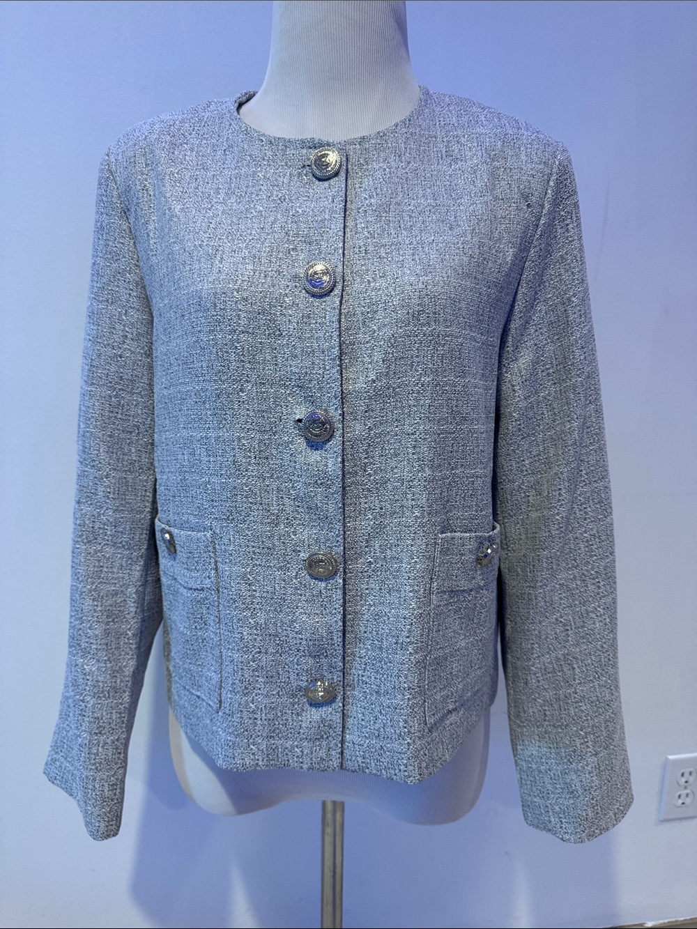 To My Lovers Classic Round-Neck Tweed Jacket in Light Gray silver buttons s/m